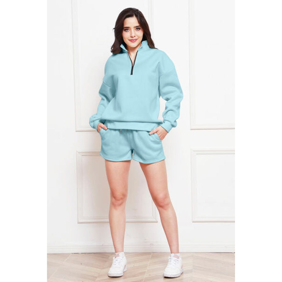 Half Zip Long Sleeve Sweatshirt and Drawstring Shorts Set Pastel Blue / S Clothing