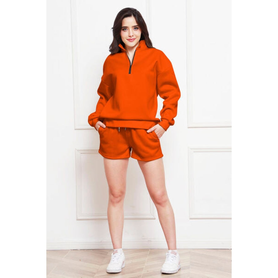 Half Zip Long Sleeve Sweatshirt and Drawstring Shorts Set Pumpkin / S Clothing