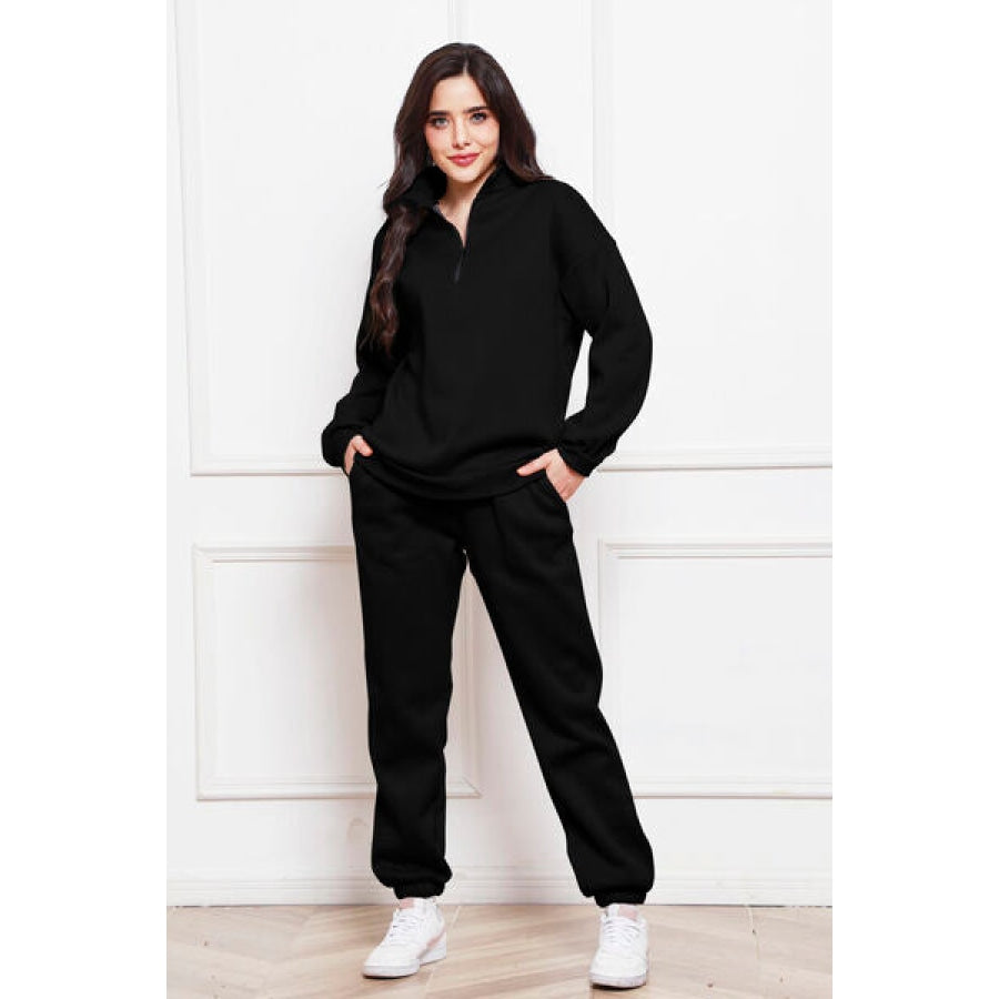 Half Zip Long Sleeve Sweatshirt and Pants Set Black / S Clothing