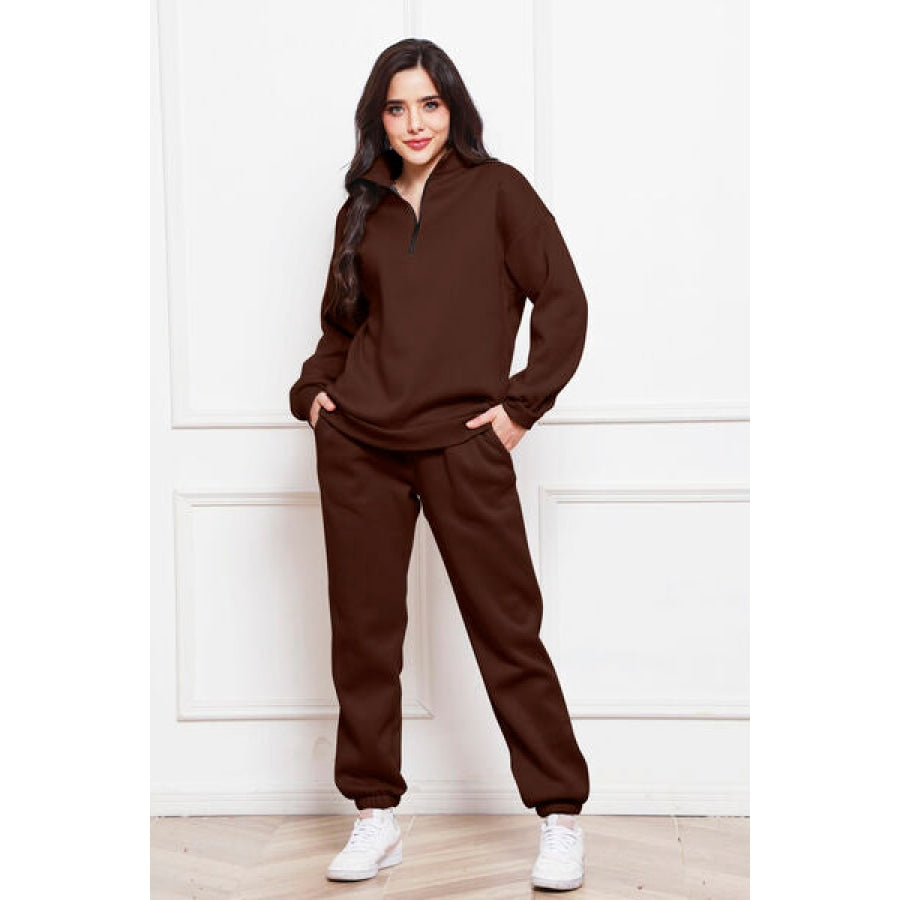 Half Zip Long Sleeve Sweatshirt and Pants Set Chocolate / S Clothing