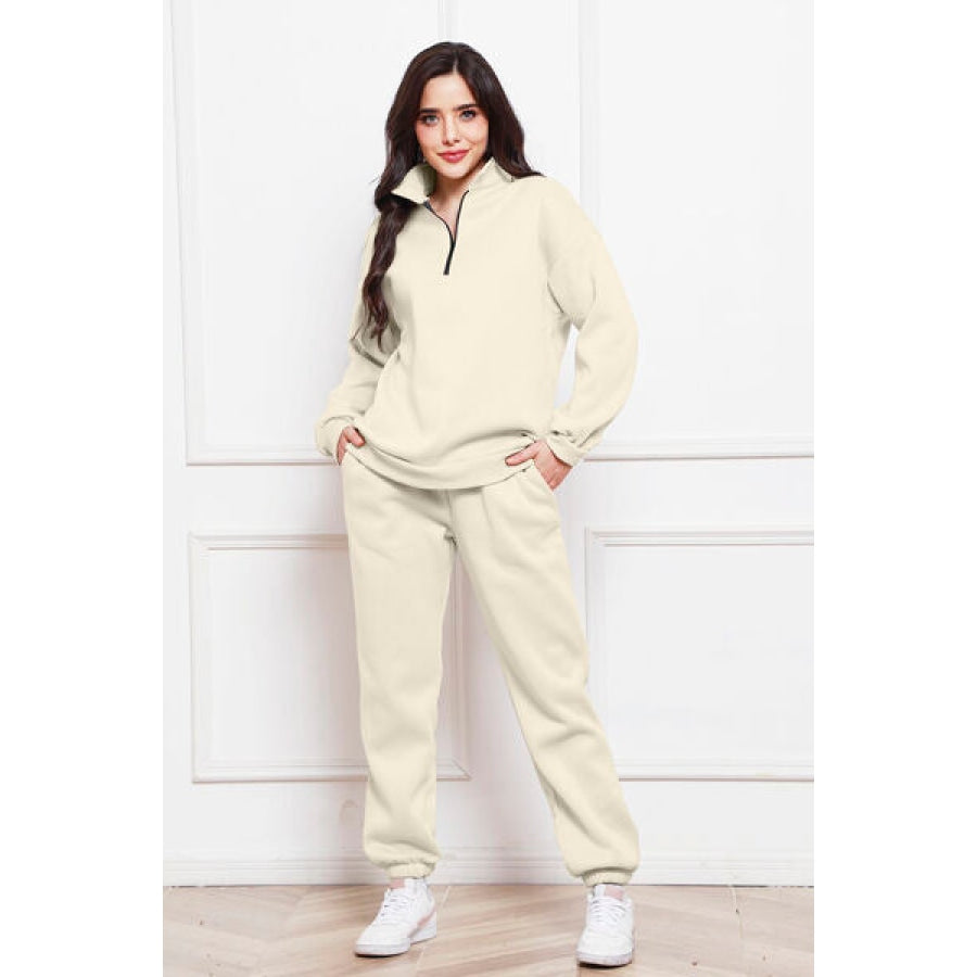 Half Zip Long Sleeve Sweatshirt and Pants Set Ivory / S Clothing