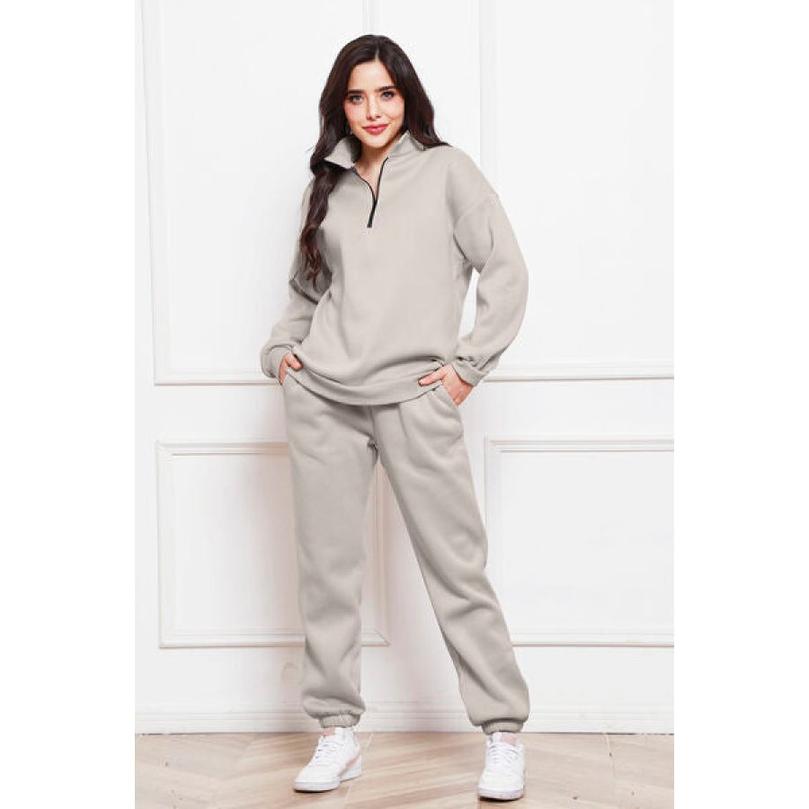 Half Zip Long Sleeve Sweatshirt and Pants Set Light Gray / S Clothing