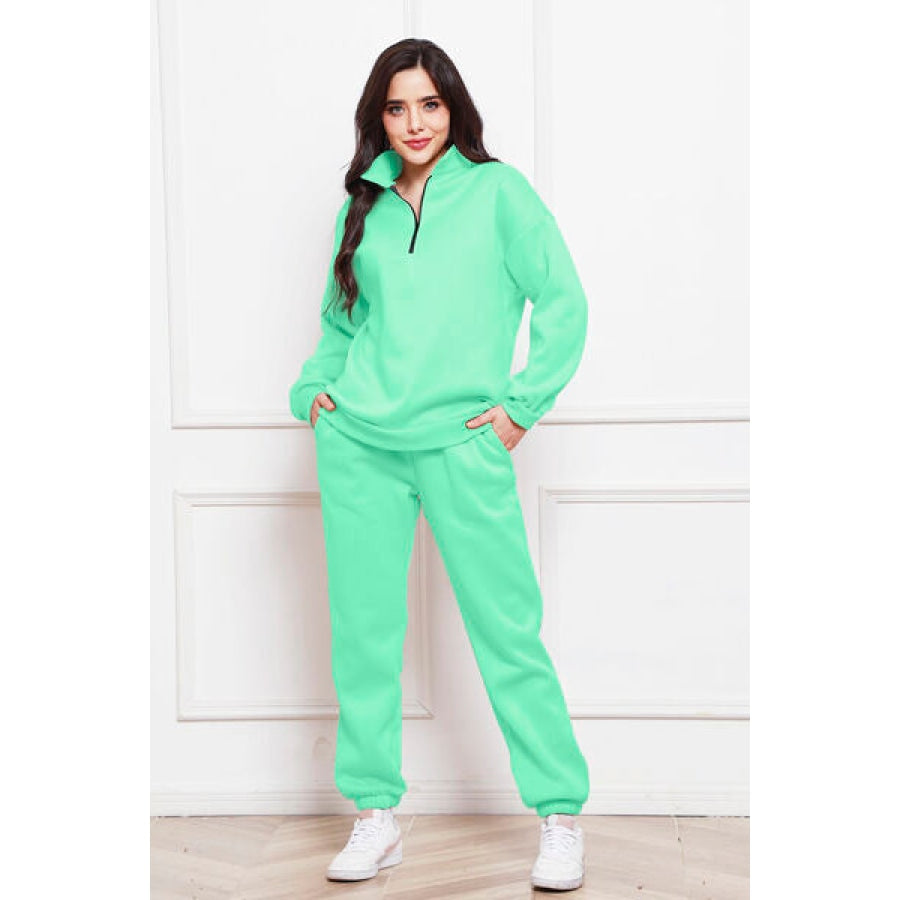 Half Zip Long Sleeve Sweatshirt and Pants Set Mint Green / S Clothing