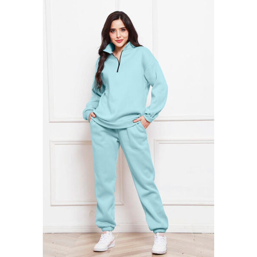 Half Zip Long Sleeve Sweatshirt and Pants Set Pastel Blue / S Clothing