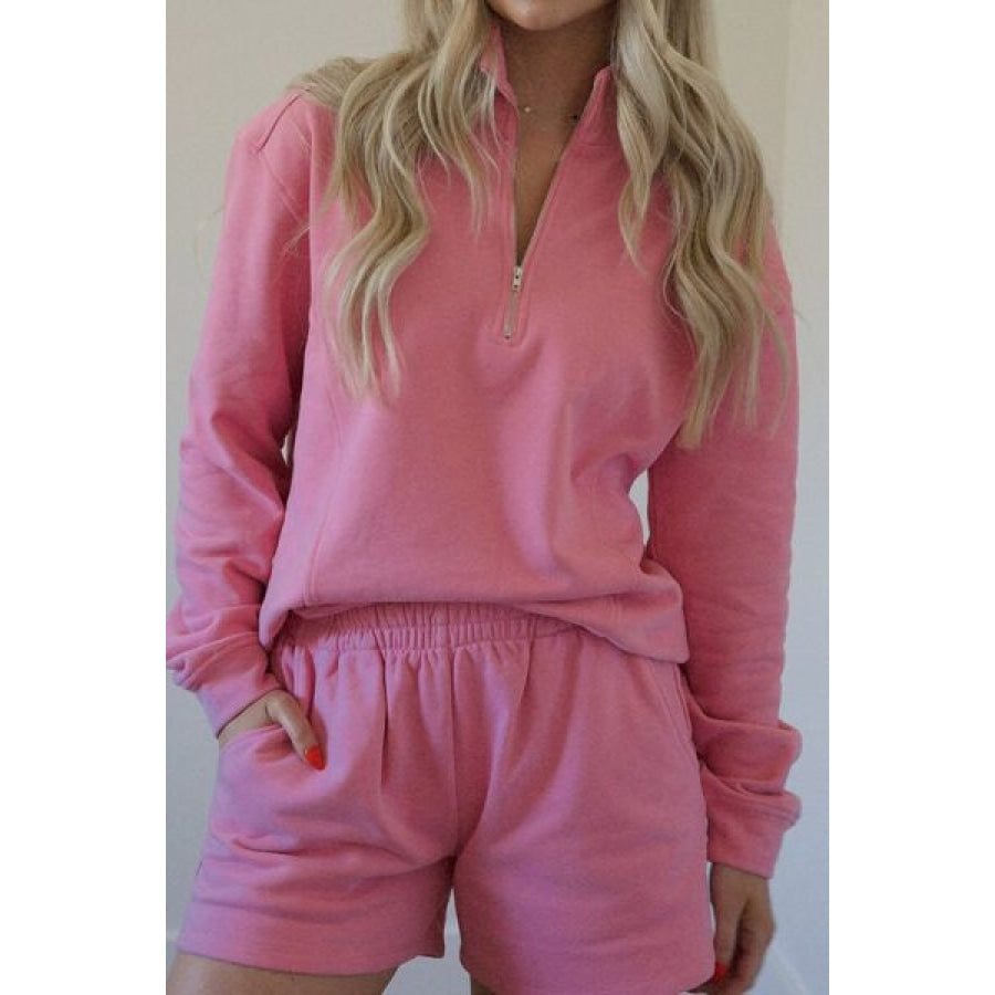 Half Zip Long Sleeve Sweatshirt and Shorts Set Carnation Pink / S Clothing
