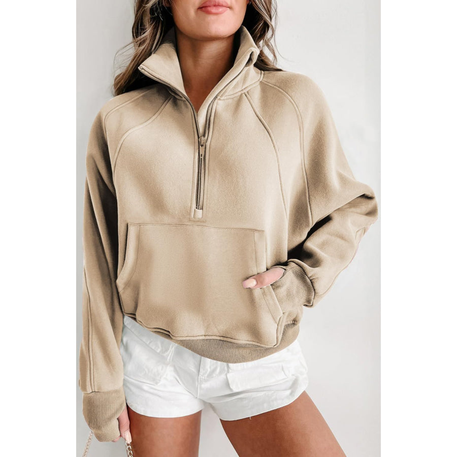 Half Zip Long Sleeve Sweatshirt Tan / S Apparel and Accessories