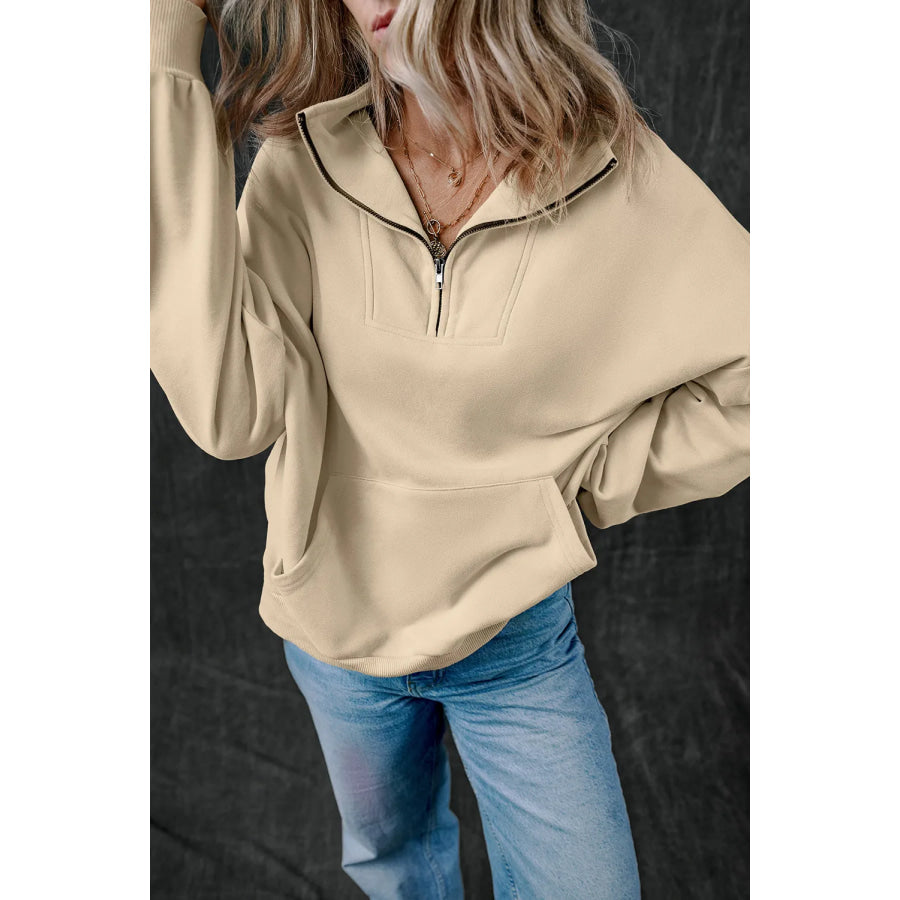 Half Zip Long Sleeve Sweatshirt Tan / S Apparel and Accessories