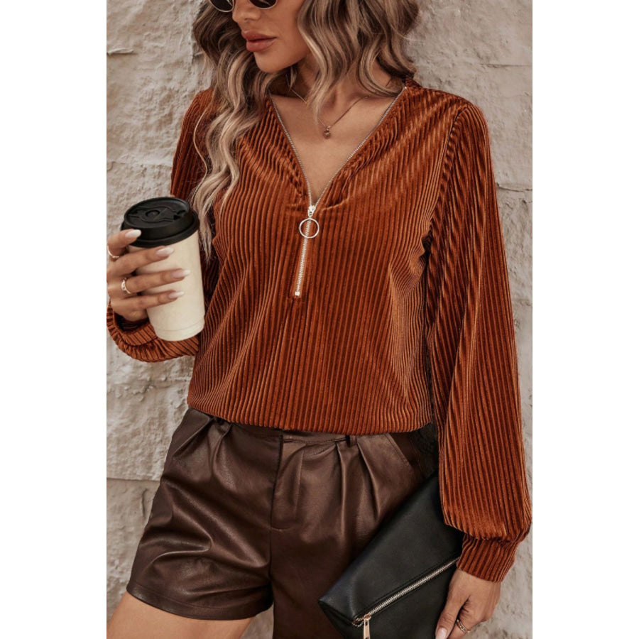 Half Zip Long Sleeve T-Shirt Caramel / S Apparel and Accessories