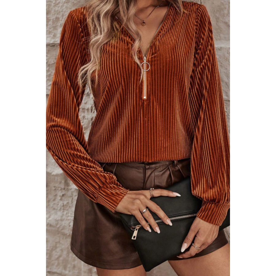 Half Zip Long Sleeve T-Shirt Caramel / S Apparel and Accessories