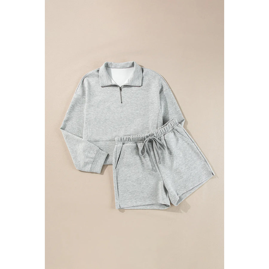 Half Zip Long Sleeve Top and Drawstring Shorts Set Apparel and Accessories