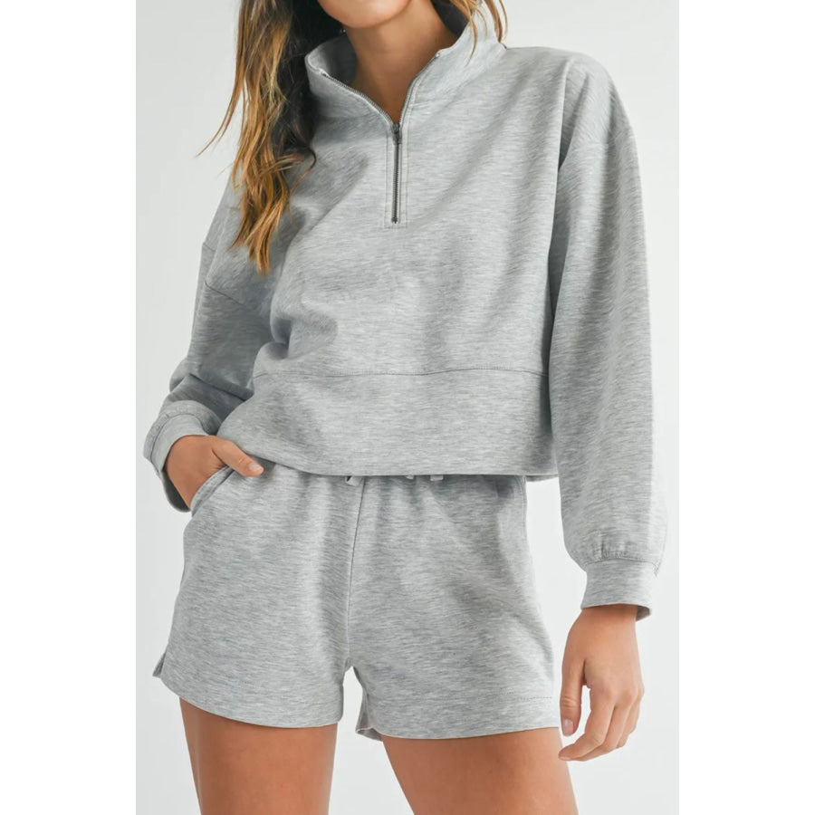 Half Zip Long Sleeve Top and Drawstring Shorts Set Gray / S Apparel and Accessories