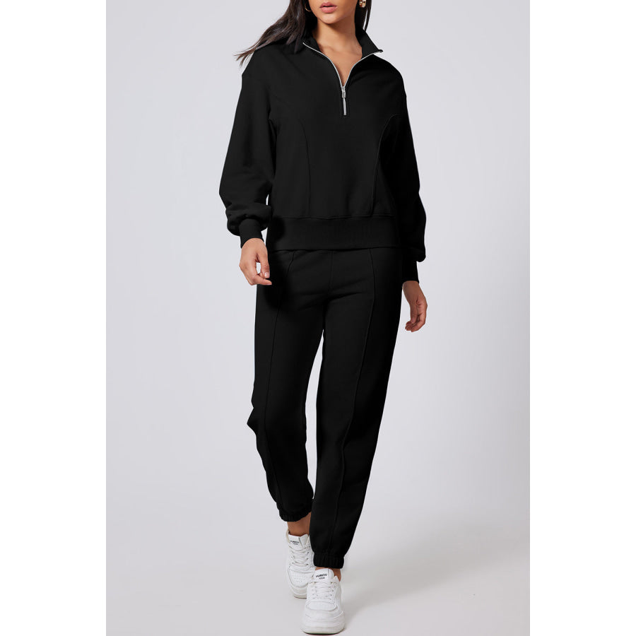 Half Zip Long Sleeve Top and Joggers Active Set Black / S Apparel and Accessories