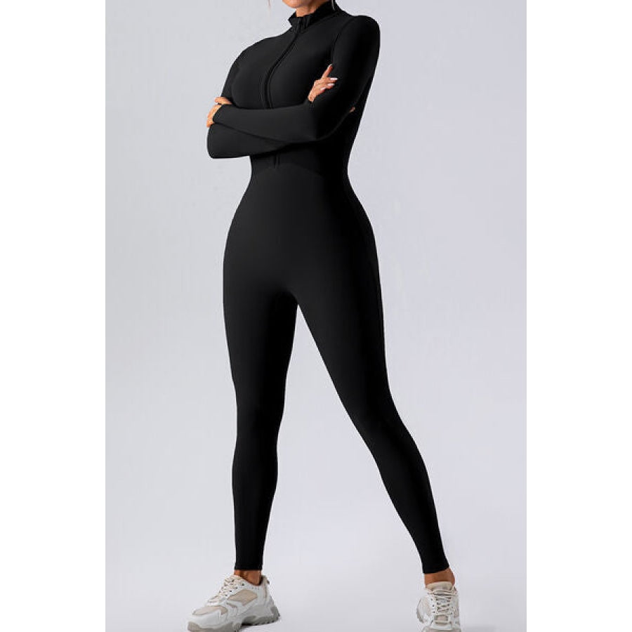 Half Zip Mock Neck Active Jumpsuit Black / S Clothing