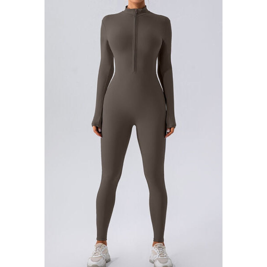 Half Zip Mock Neck Active Jumpsuit Charcoal / S Clothing