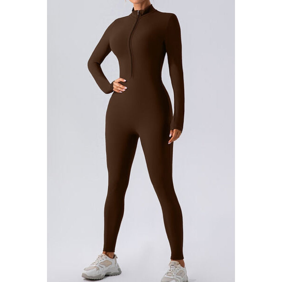 Half Zip Mock Neck Active Jumpsuit Chocolate / S Clothing