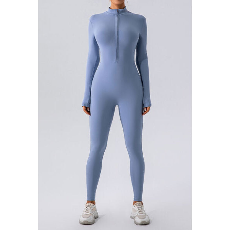 Half Zip Mock Neck Active Jumpsuit Misty Blue / S Clothing