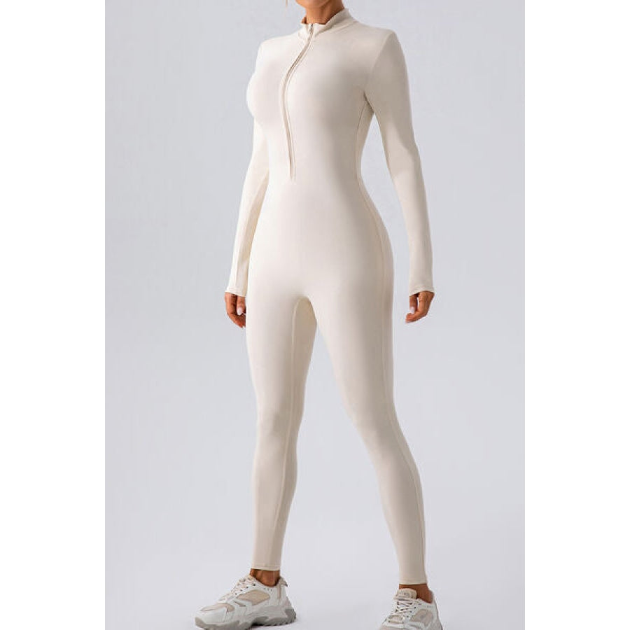 Half Zip Mock Neck Active Jumpsuit White / S Clothing