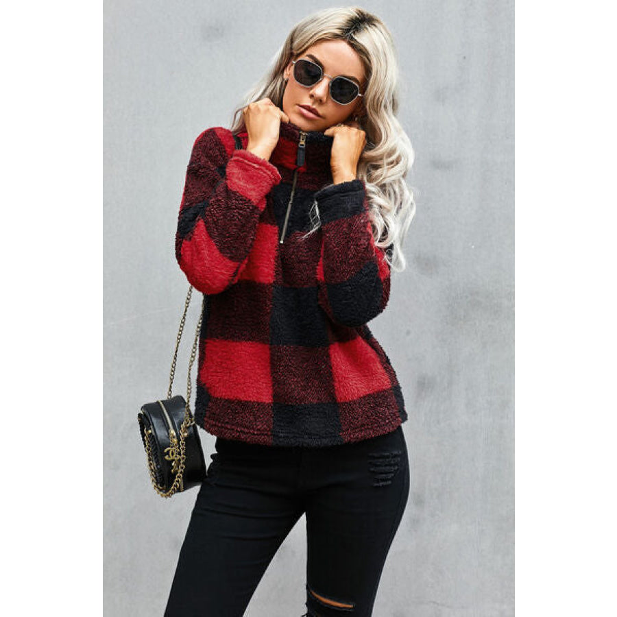 Half Zip Plaid Turtleneck Sweatshirt Black / S Apparel and Accessories