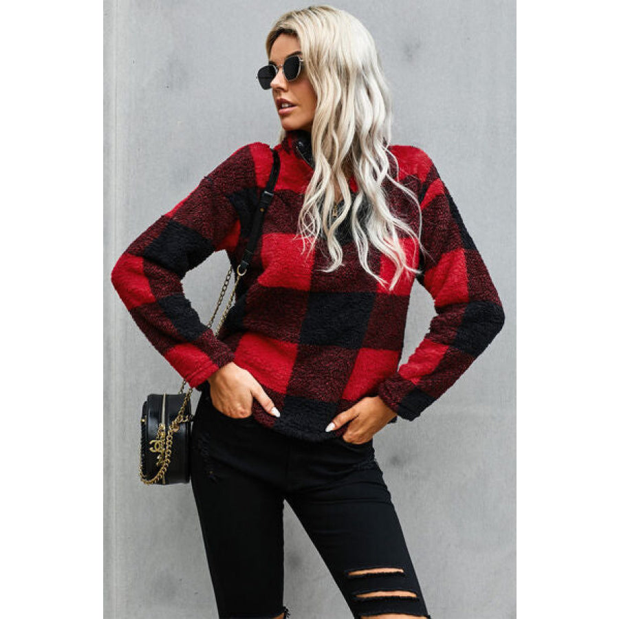 Half Zip Plaid Turtleneck Sweatshirt Black / S Apparel and Accessories