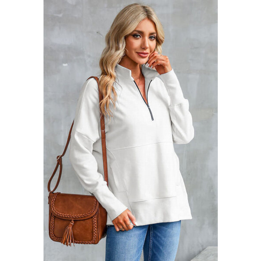 Half Zip Pocketed Dropped Shoulder Sweatshirt Apparel and Accessories