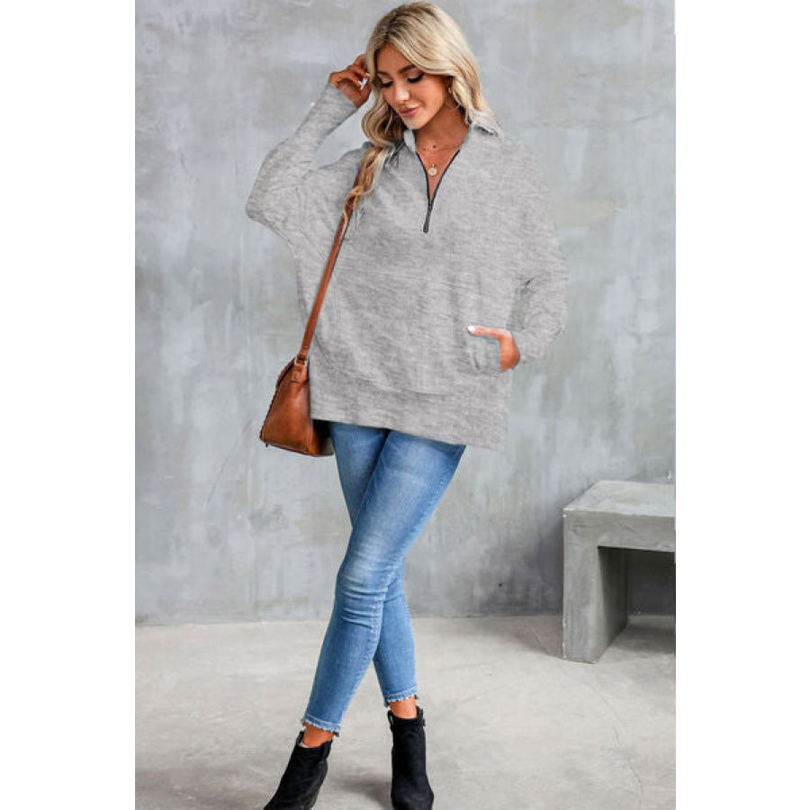 Half Zip Pocketed Dropped Shoulder Sweatshirt Apparel and Accessories