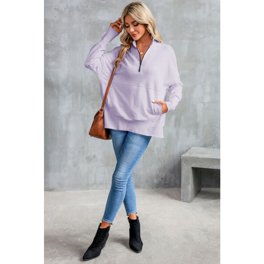 Half Zip Pocketed Dropped Shoulder Sweatshirt Apparel and Accessories