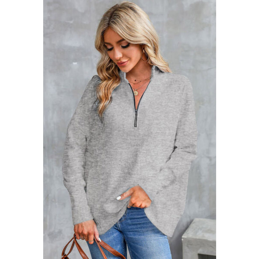 Half Zip Pocketed Dropped Shoulder Sweatshirt Apparel and Accessories