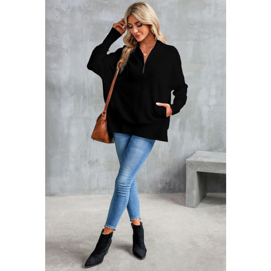 Half Zip Pocketed Dropped Shoulder Sweatshirt Apparel and Accessories