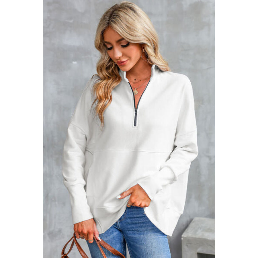 Half Zip Pocketed Dropped Shoulder Sweatshirt White / S Apparel and Accessories