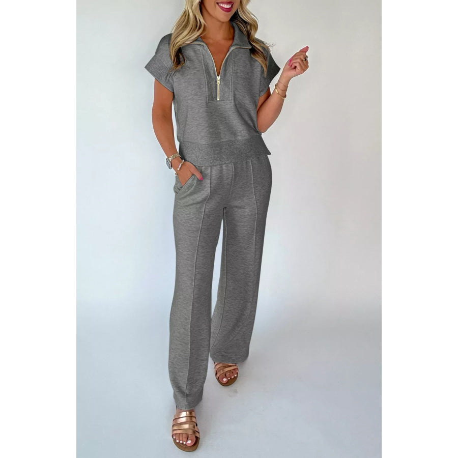 Half Zip Polo Tee Casual Pant Set Dark Gray / S Apparel and Accessories