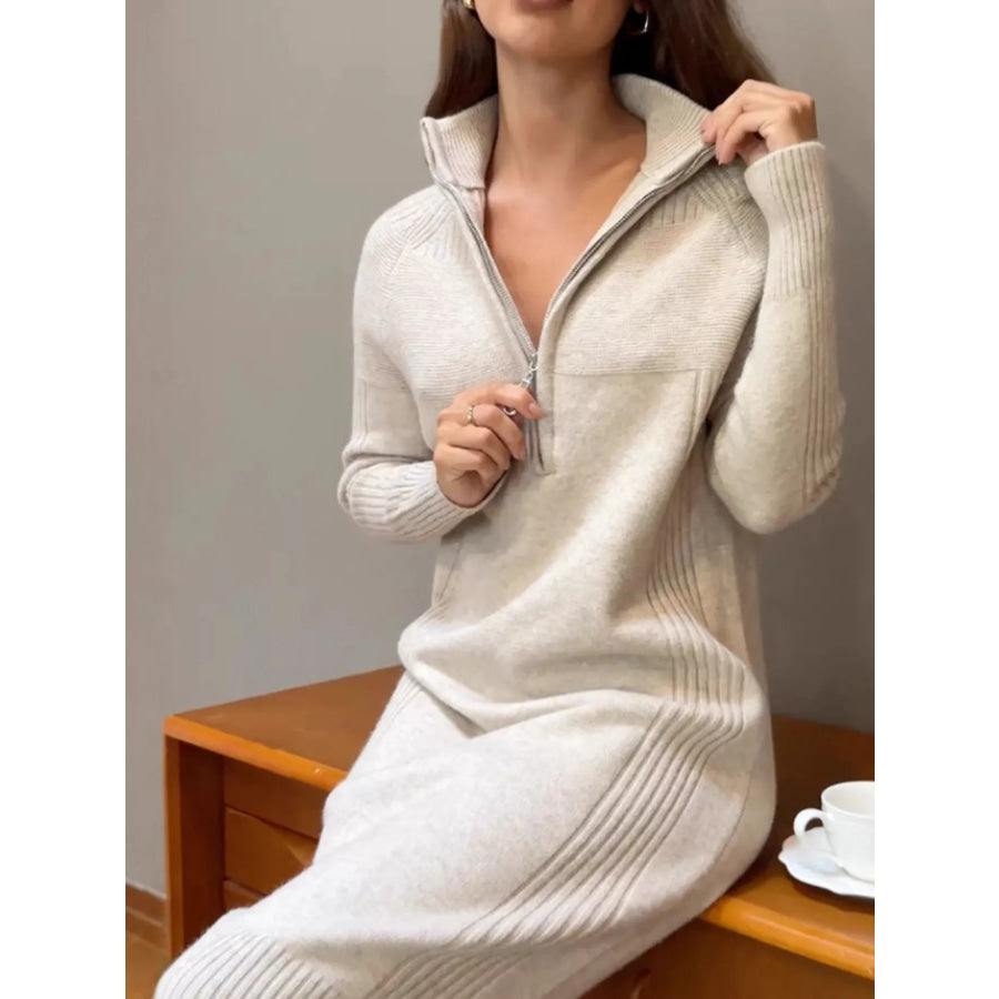 Half-Zip Ribbed Knit Sweater Dress Off-White / One Size Apparel and Accessories