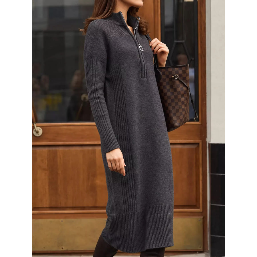 Half-Zip Ribbed Knit Sweater Dress Apparel and Accessories