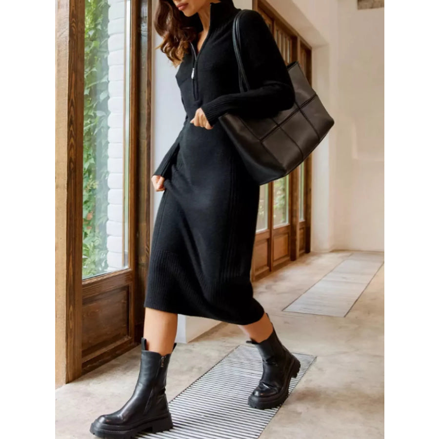 Half-Zip Ribbed Knit Sweater Dress Black / One Size Apparel and Accessories