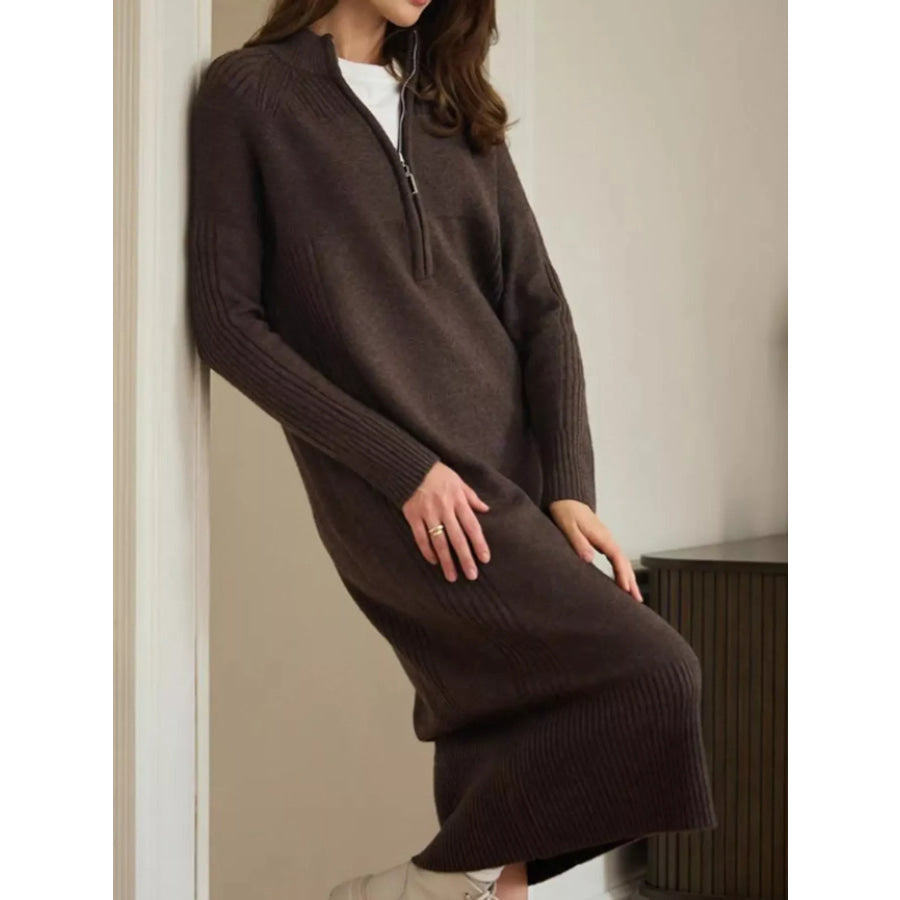 Half-Zip Ribbed Knit Sweater Dress Coffee / One Size Apparel and Accessories