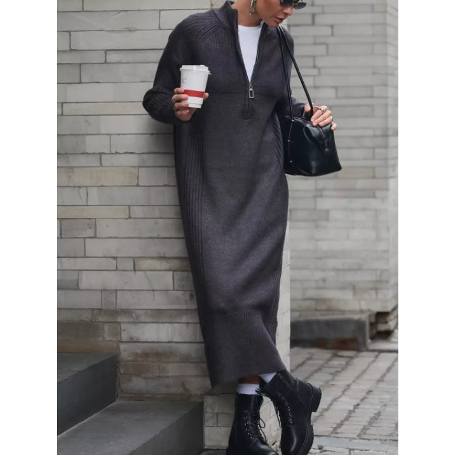 Half-Zip Ribbed Knit Sweater Dress Dark Gray / One Size Apparel and Accessories