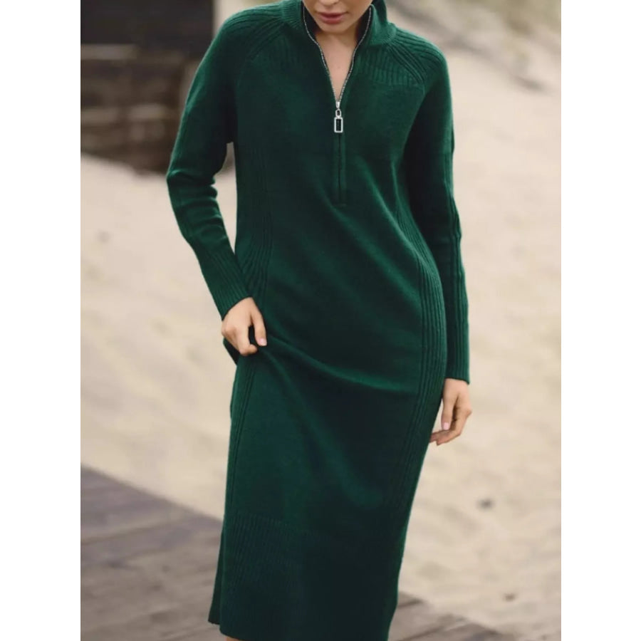 Half-Zip Ribbed Knit Sweater Dress Dark Green / One Size Apparel and Accessories