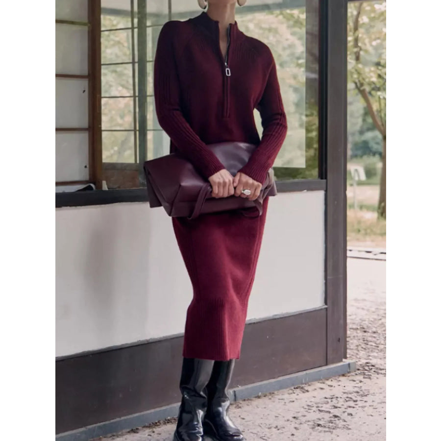 Half-Zip Ribbed Knit Sweater Dress Dark Red / One Size Apparel and Accessories