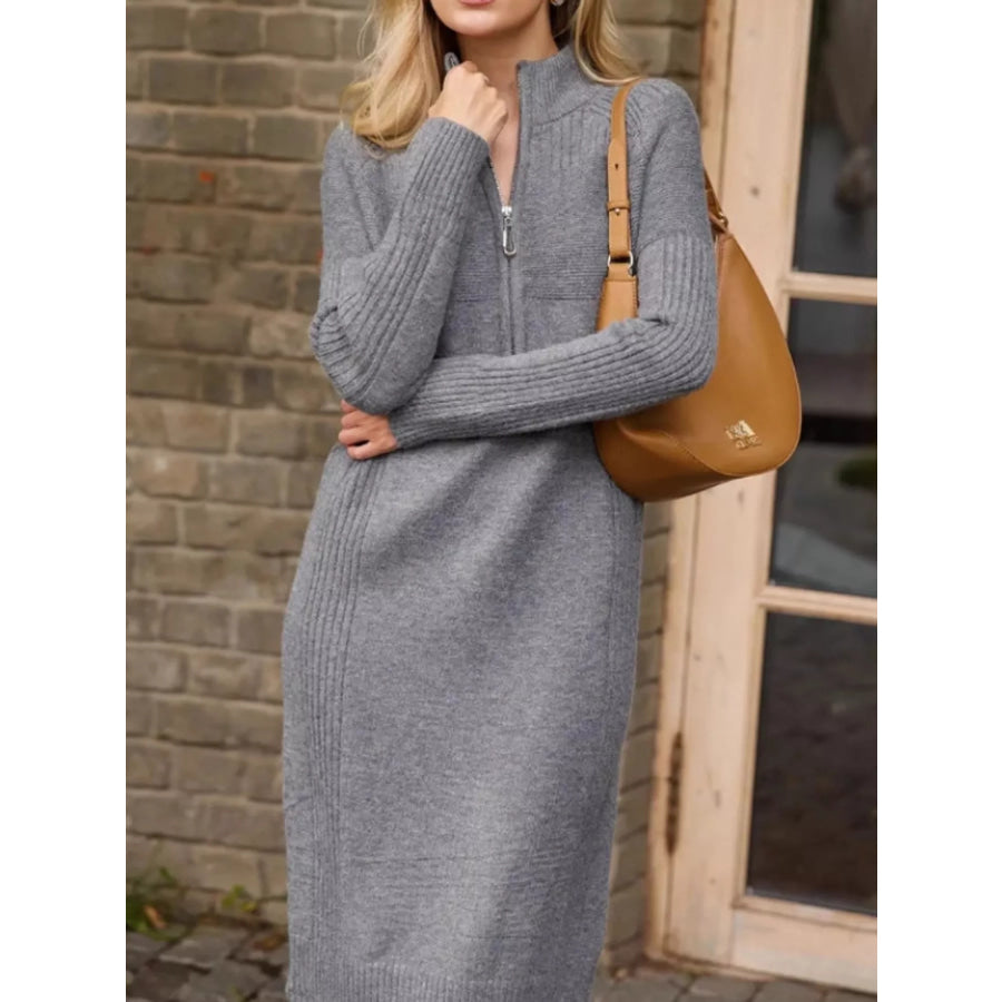 Half-Zip Ribbed Knit Sweater Dress Gray / One Size Apparel and Accessories