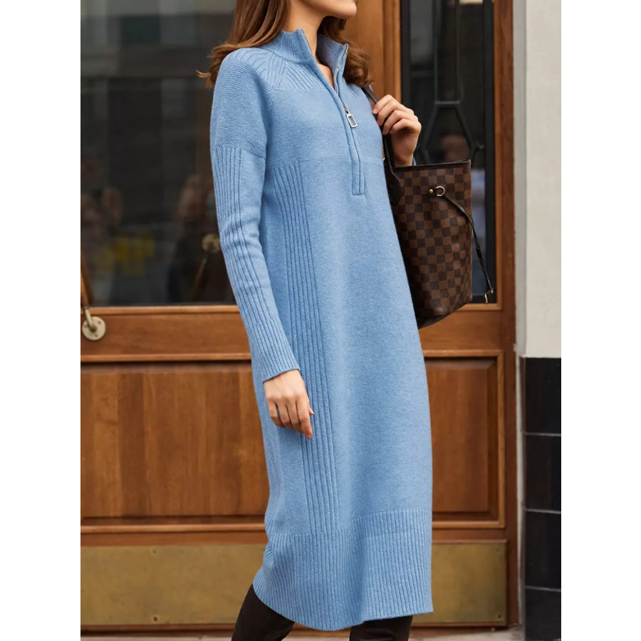 Half-Zip Ribbed Knit Sweater Dress Lake Blue / One Size Apparel and Accessories