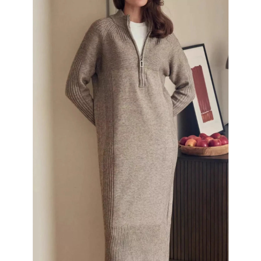Half-Zip Ribbed Knit Sweater Dress Oatmeal / One Size Apparel and Accessories