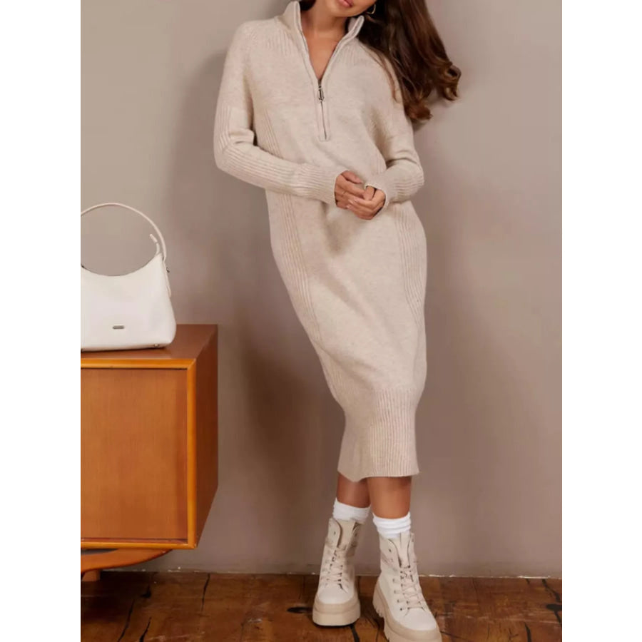 Half-Zip Ribbed Knit Sweater Dress Off-White / One Size Apparel and Accessories