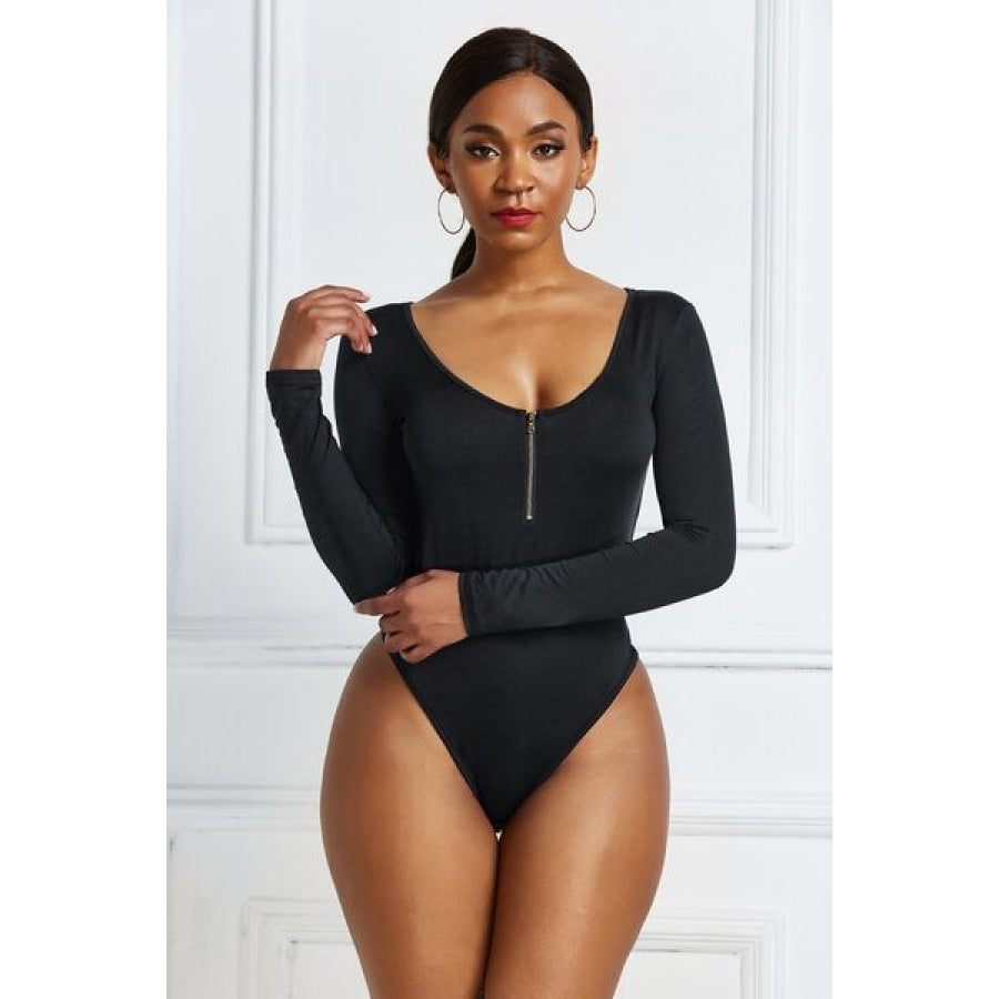 Half Zip Scoop Neck Long Sleeve Bodysuit Black / S Clothing