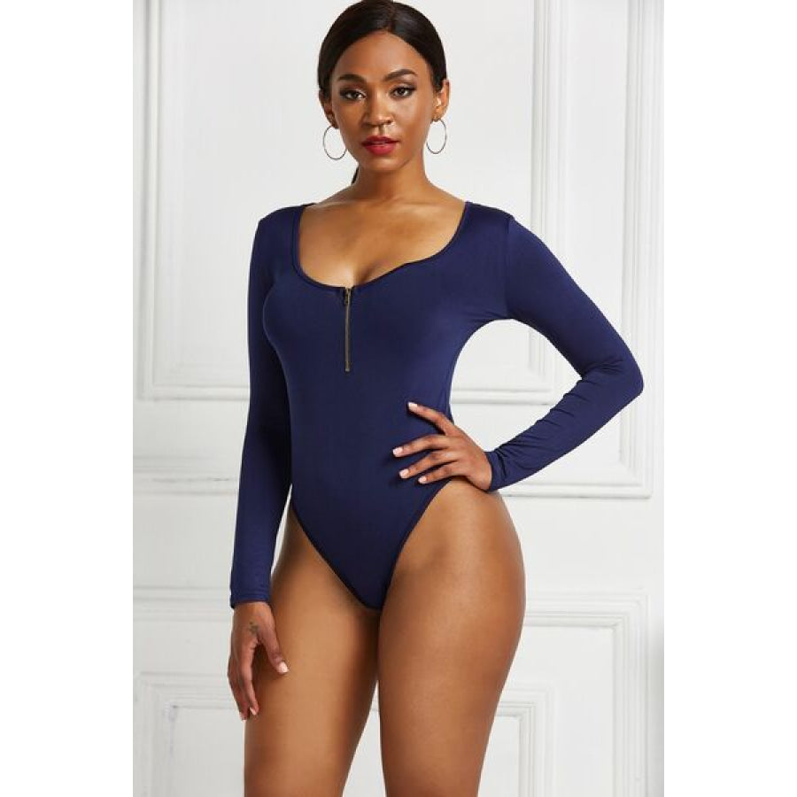 Half Zip Scoop Neck Long Sleeve Bodysuit Clothing