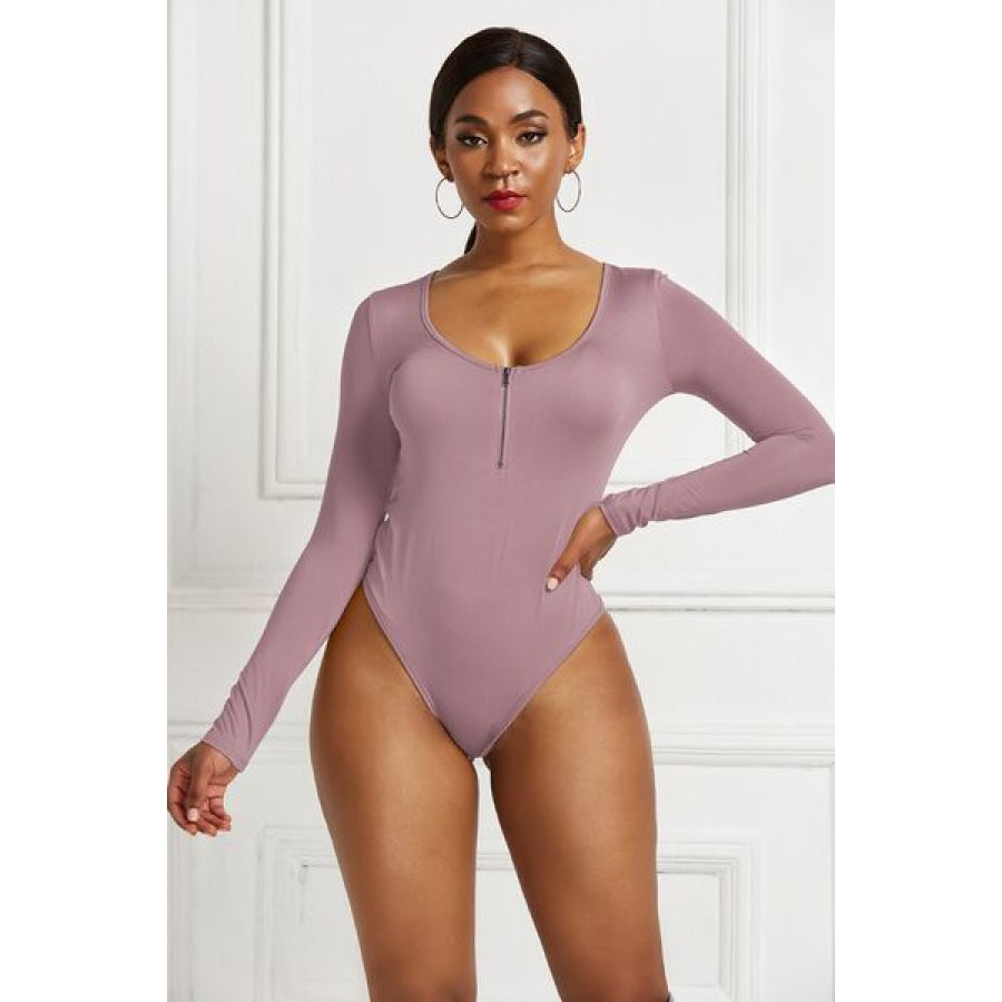 Half Zip Scoop Neck Long Sleeve Bodysuit Clothing