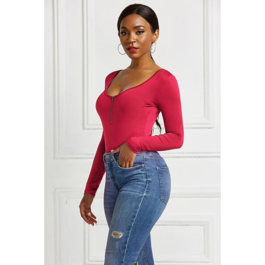 Half Zip Scoop Neck Long Sleeve Bodysuit Clothing