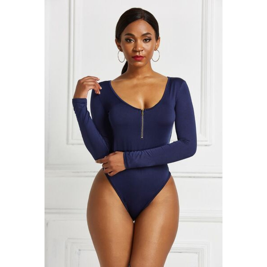 Half Zip Scoop Neck Long Sleeve Bodysuit Dark Navy / S Clothing