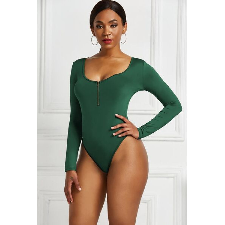 Half Zip Scoop Neck Long Sleeve Bodysuit Green / S Clothing