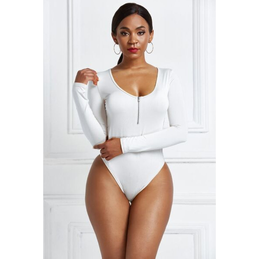Half Zip Scoop Neck Long Sleeve Bodysuit White / S Clothing