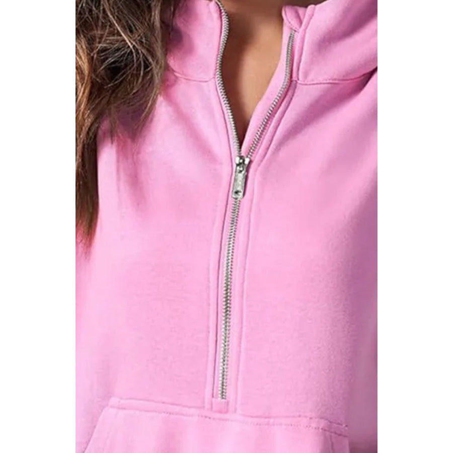 Half Zip Short Sleeve Hoodie Pink / S Apparel and Accessories