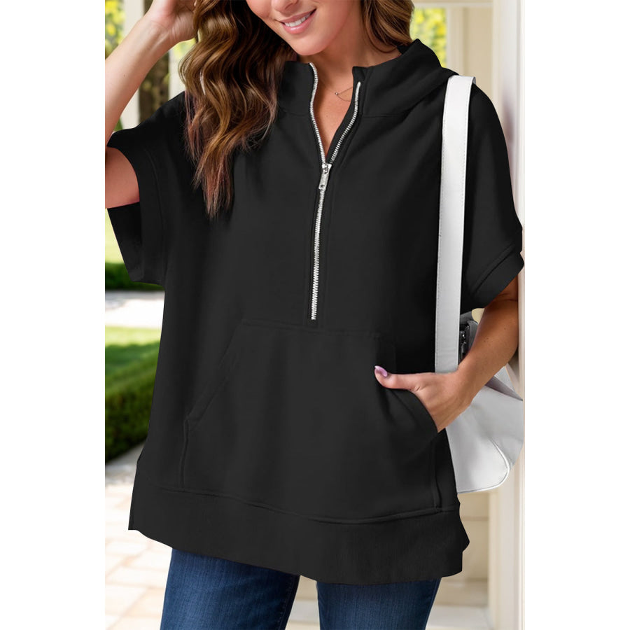 Half Zip Short Sleeve Hoodie Black / S Apparel and Accessories